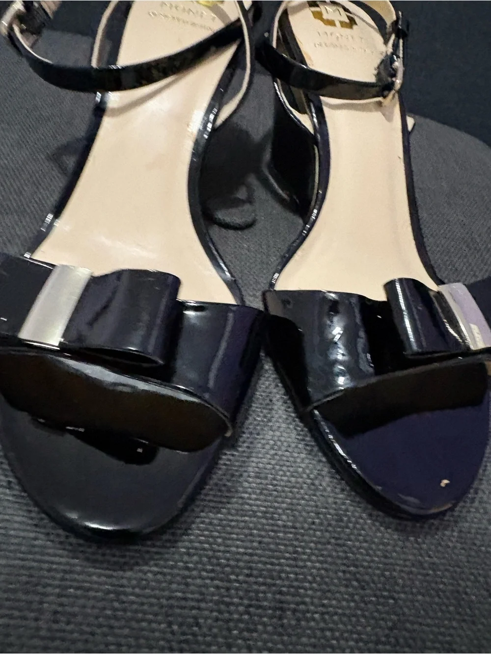 Monet Black and Gold Patent Leather Open Toe Wedge Heels Size 9M